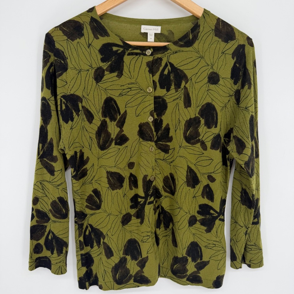 Garnet Hill Womens Merino Wool Floral Cardigan Sweater Olive Green Size M